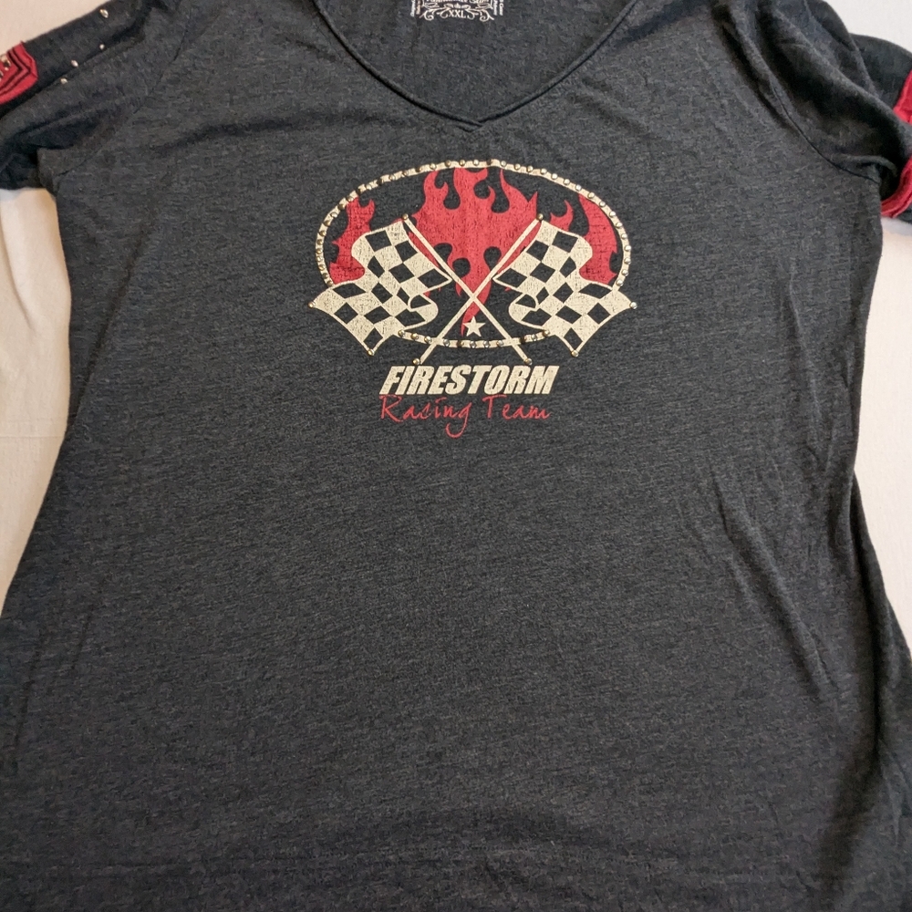 Panhandle Slim Long Sleeve Dark Grey Blouse with Racing Motif Patches ,XXL